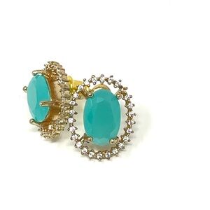 New Anthropologie Turquoise Glass Pave Crystal Earrings Gold